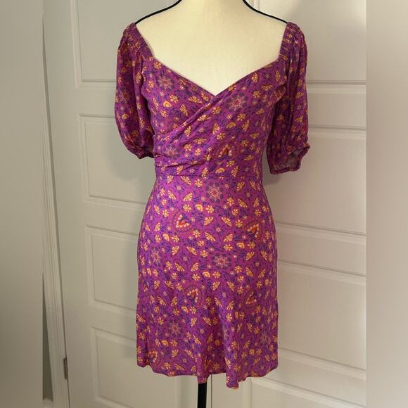 Spell madame peacock sweetheart mini Floral Purple magenta wrap dress size XS - Picture 2 of 10